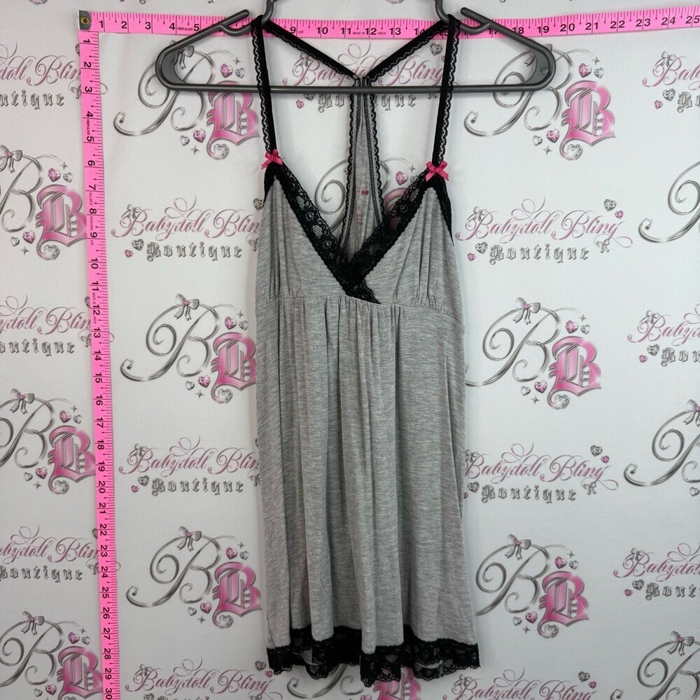 La SENZA tank top shirt Grey Tank with Black Lace and Pink Bows pink Lacie
